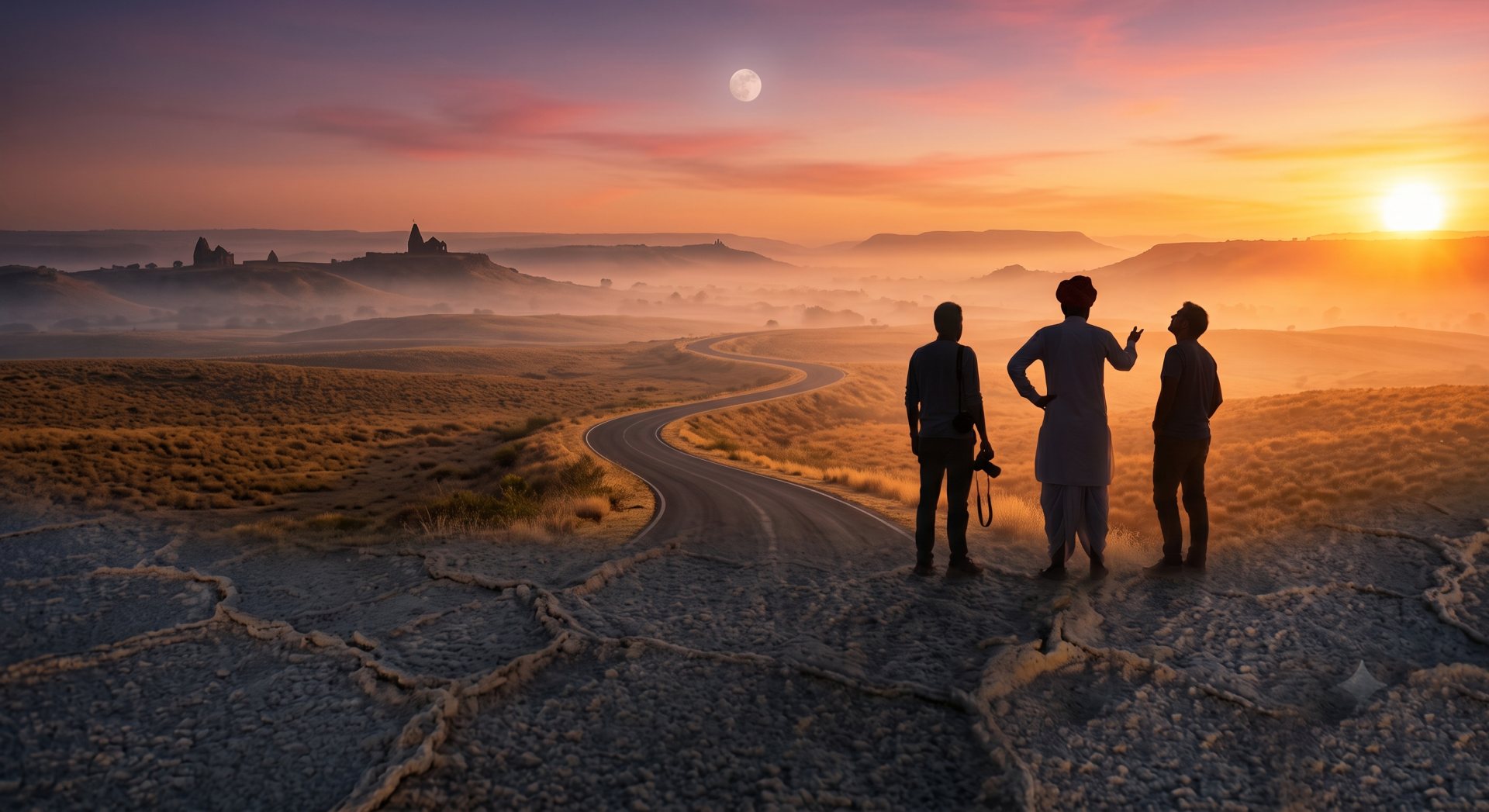 A guide and travellers watching the sunset over the Rann