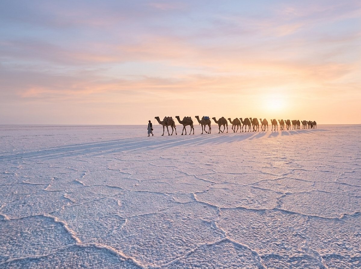 Camels crossing the salt desert at dawn