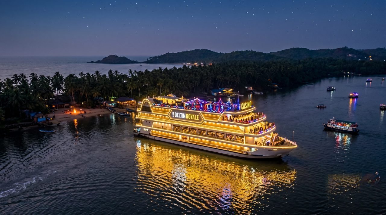 Lit sunset cruise boat on the Mandovi
