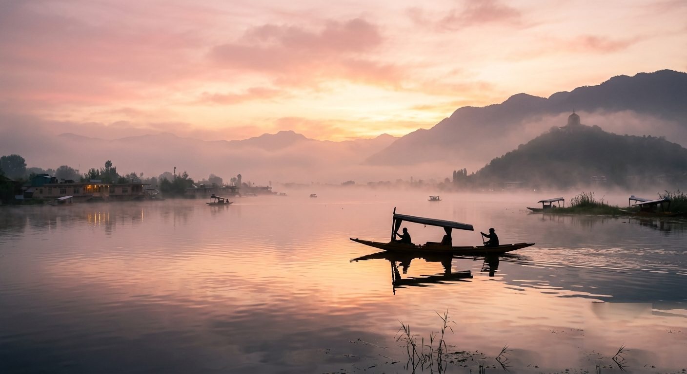 Sunrise over Dal Lake with a shikara, Srinagar