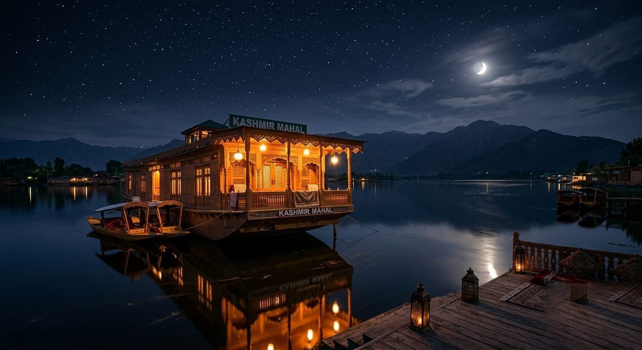 Lit houseboat on Dal Lake at night
