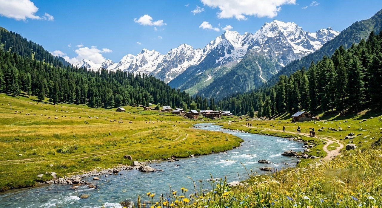 Sonmarg meadow and snow peaks