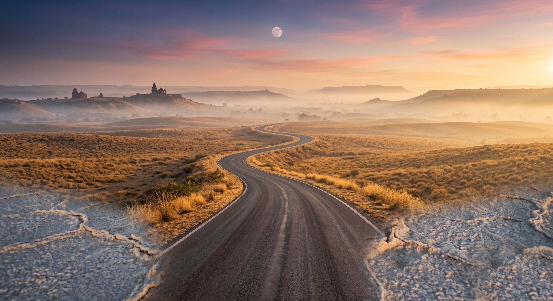 A winding road through the Gujarat landscape at dawn
